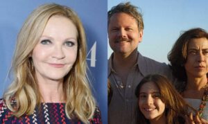 Imagem da atriz Joan Allen e pôster do filme Ainda Estou Aqui