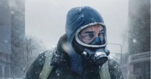 Personagem caminha pela Buenos Aires nevada usando máscara de gás em cena da série O Eternauta, da Netflix