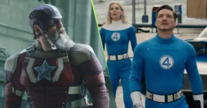 Montagem com o Guardião Vermelho observando o céu enquanto membros do Quarteto Fantástico aparecem em outra foto em um cenário urbano