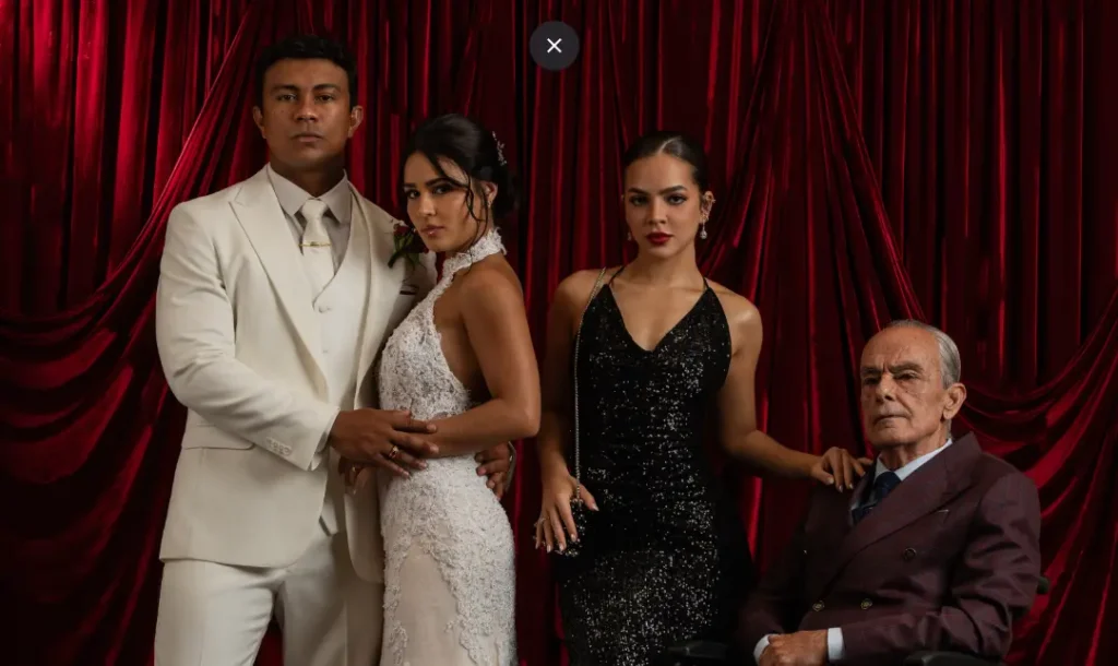 Personagens do clã Guerra em Os Donos do Jogo, com figurinos formais em frente a fundo vermelho