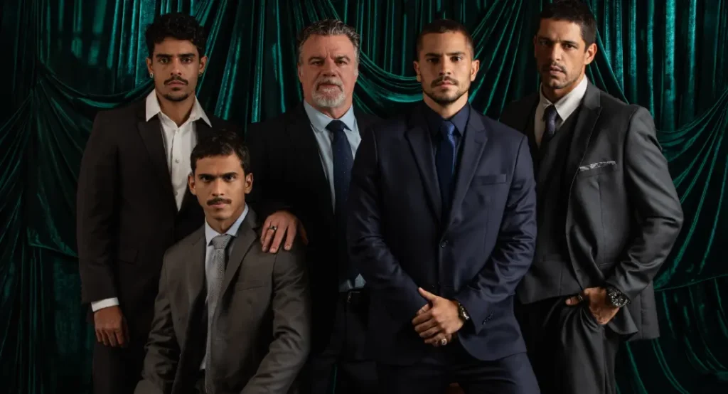 Personagens do clã Moraes em Os Donos do Jogo, posando com trajes sociais em frente a fundo verde