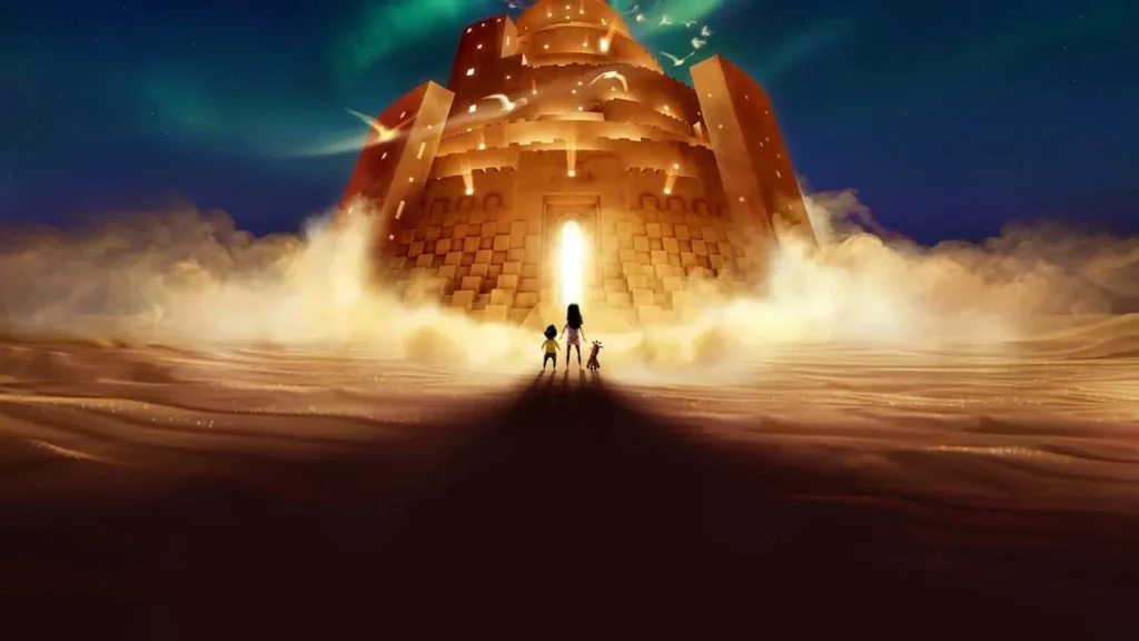 Stevie e Elliot caminhando pelo deserto rumo à torre iluminada do Sandman na animação Nos Seus Sonhos da Netflix