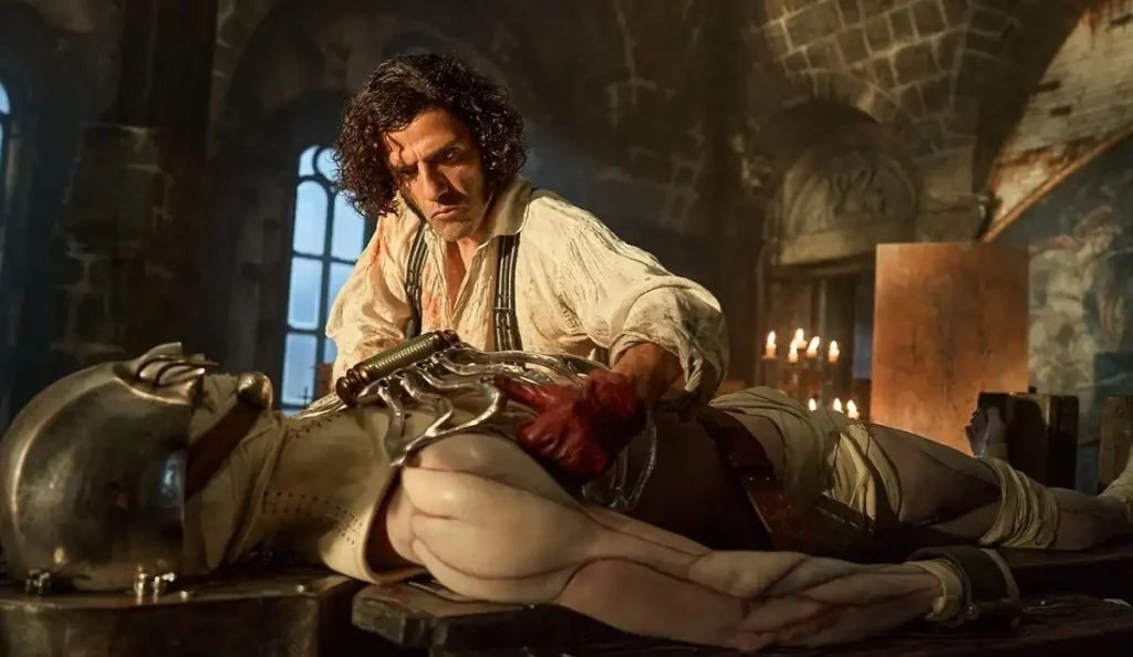 Oscar Isaac e Jacob Elordi em cena intensa de Frankenstein (2025)