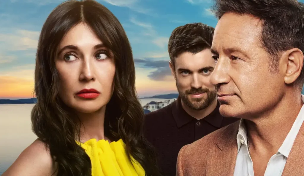Poster promocional de Maldade com os atores David Duchovny, Jack Whitehall e Carice van Houten