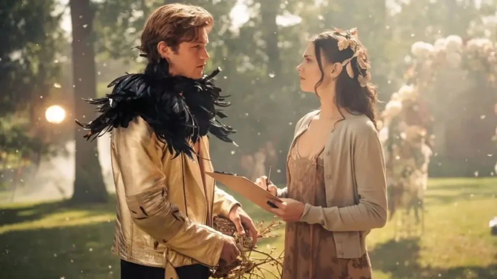 Personagens de Maxton Hall conversam em um cenário iluminado ao ar livre, com figurino dourado e decoração floral.