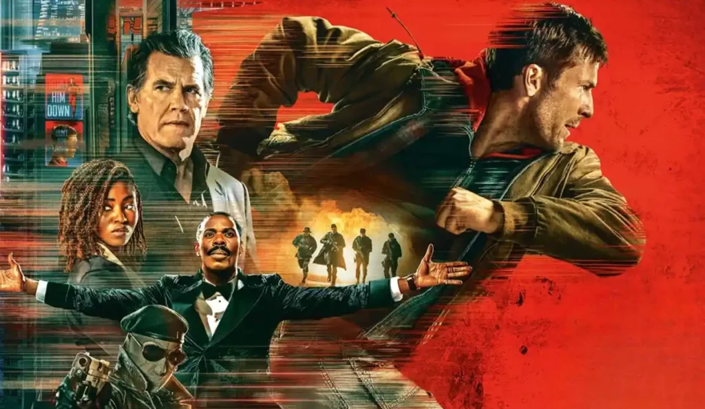 Personagem observa telas de vigilância em ambiente futurista no filme O Sobrevivente