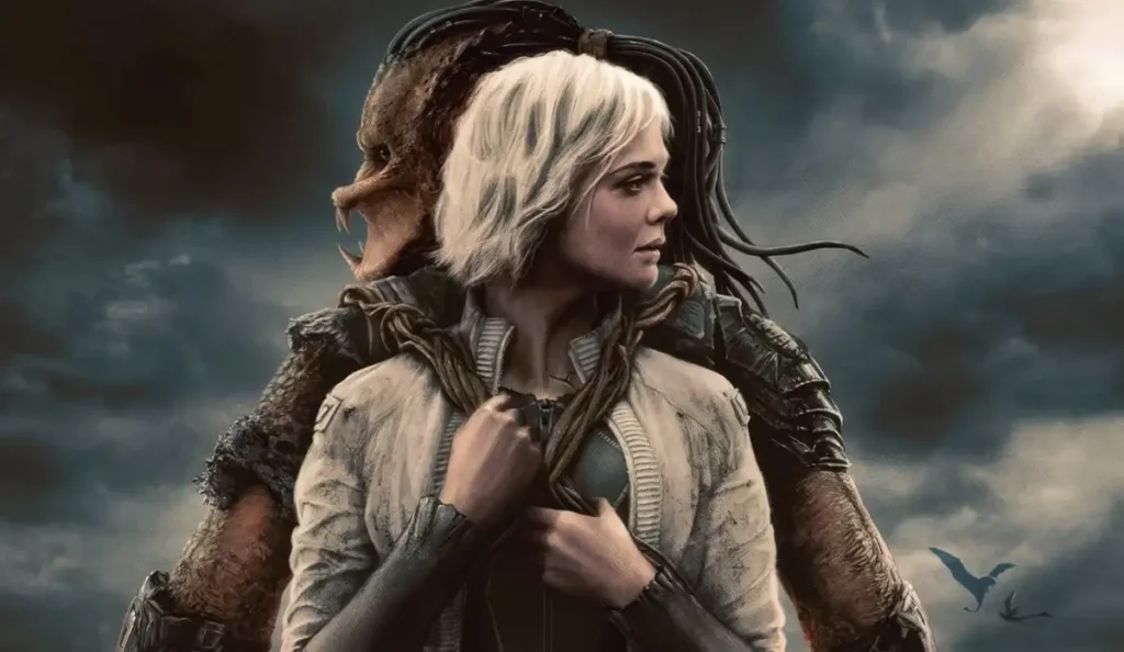 Cena de ação com Dek e Thia em Predator: Badlands, novo filme de Dan Trachtenberg com Elle Fanning.