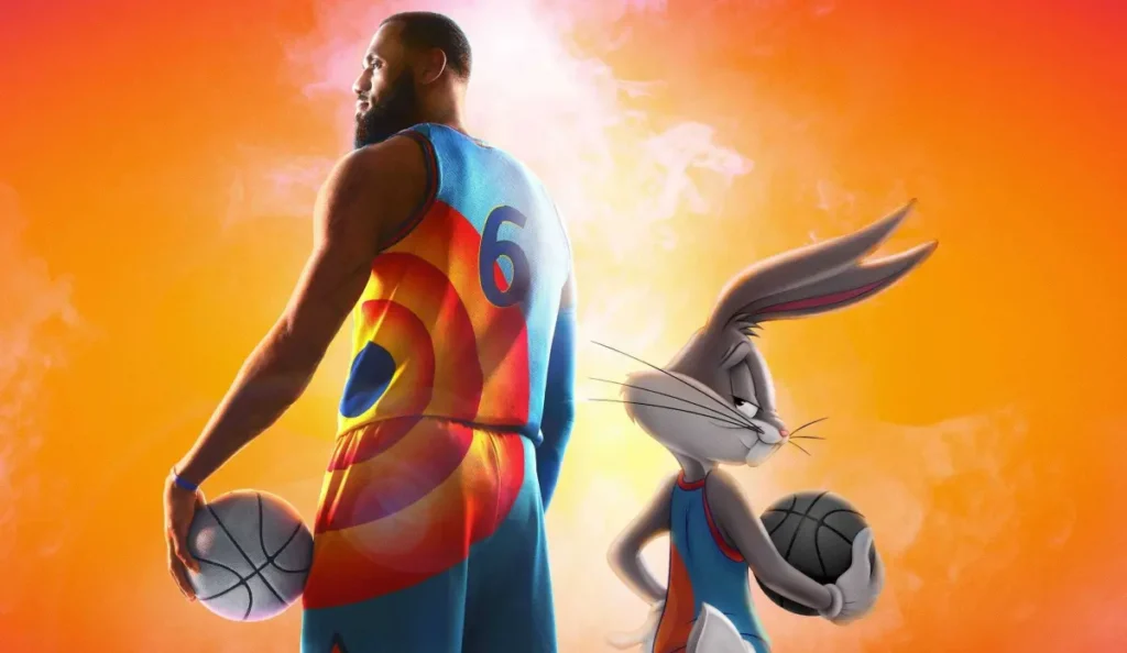 Pôster oficial de Space Jam: Um Novo Legado com LeBron James ao lado dos personagens Looney Tunes