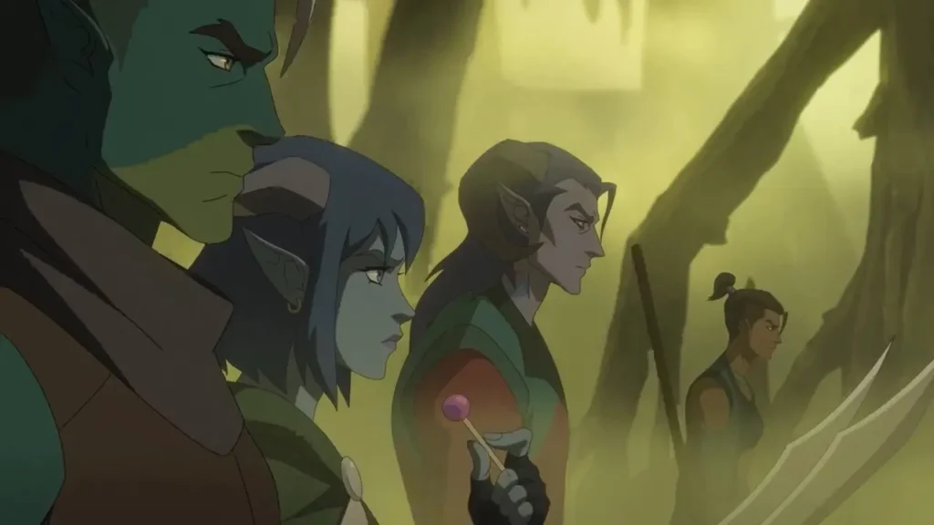 Personagens de The Mighty Nein caminhando lado a lado em uma floresta enevoada, em cena da série do Prime Video