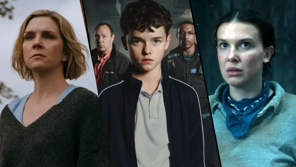 Imagem com três das melhores séries de 2025