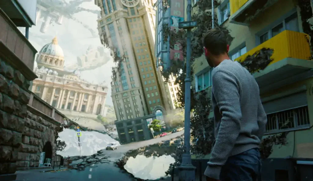 Personagem Viktor observa o cenário distorcido do mundo de Coma – A Dimensão do Futuro