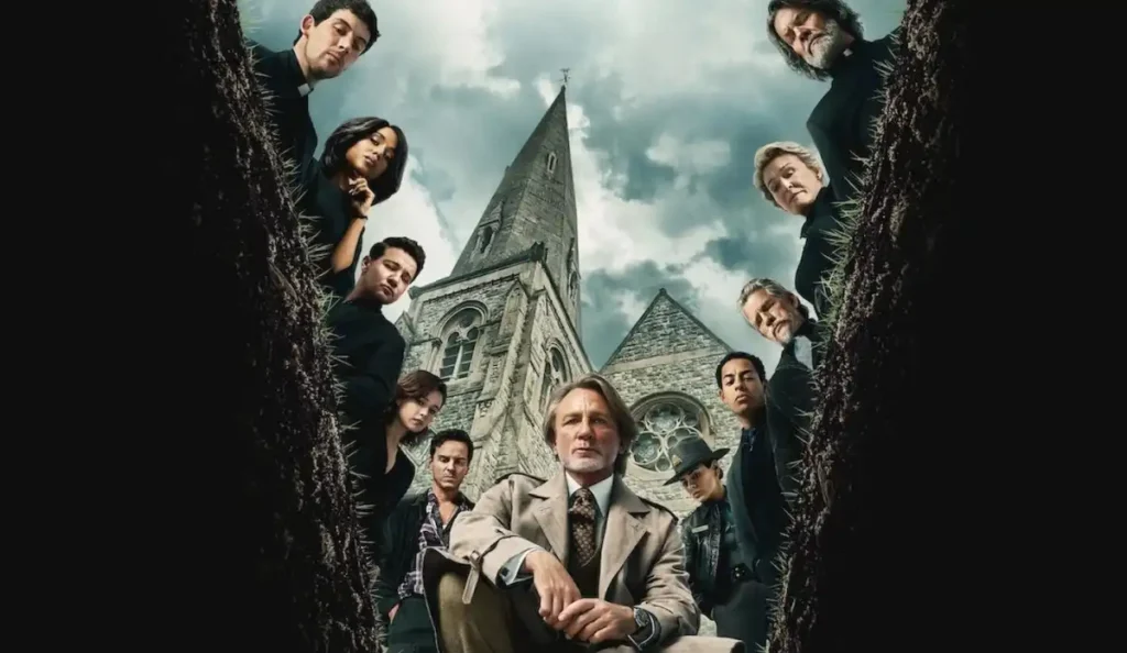 Glenn Close, Josh O’Connor e Andrew Scott em cena do filme Vivo ou Morto: Um Mistério em Knives Out