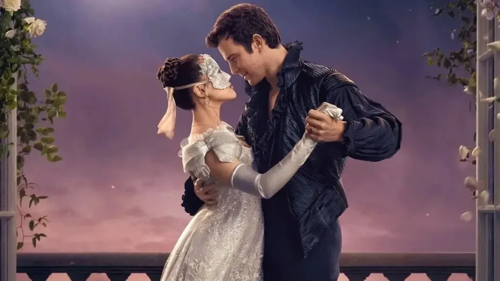 Imagem promocional com cena de baile de máscaras da quarta temporada de Bridgerton mostra casal em dança romântica com figurinos de época e atmosfera noturna