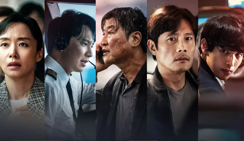 Cena de tensão dentro do avião no filme Alerta de Emergência (2022), exibido no Domingo Maior da TV Globo