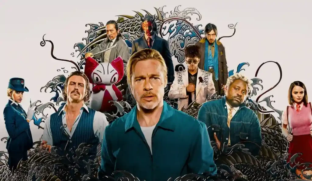 Personagens do filme Trem-Bala em cena ambientada dentro de um trem-bala