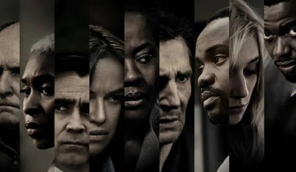 Personagens em reunião no filme As Viúvas