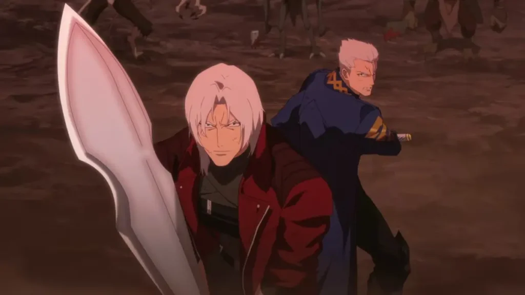 Dante segura uma espada enquanto Vergil aparece ao fundo durante cena de ação em Devil May Cry.
