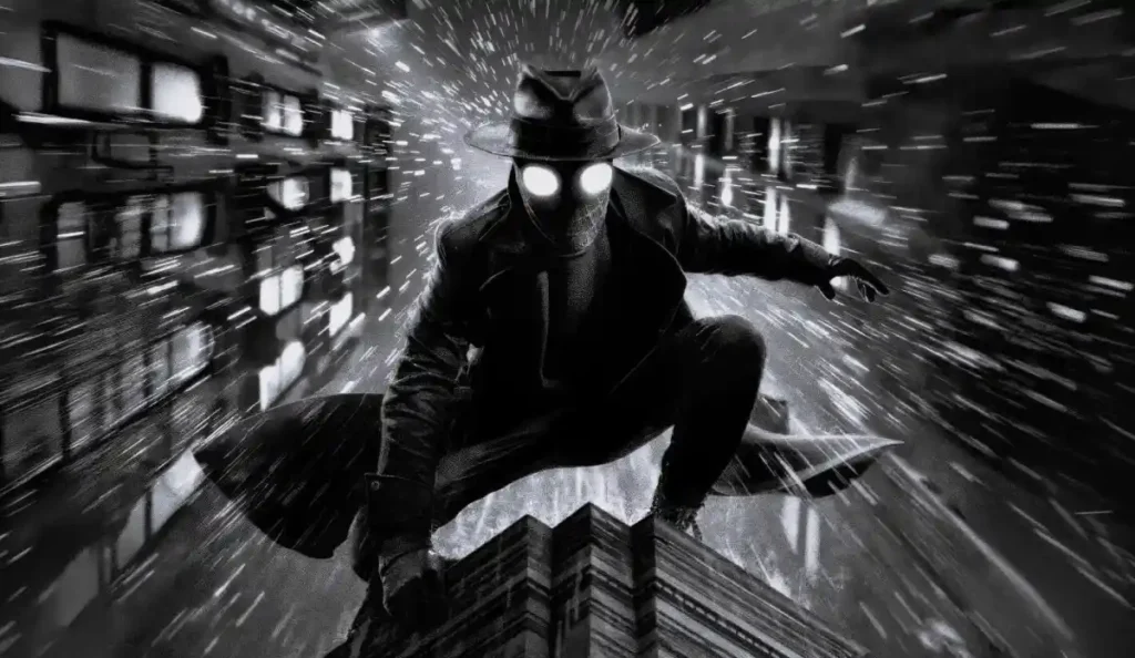 Cena da série Spider-Noir com visual inspirado no cinema noir