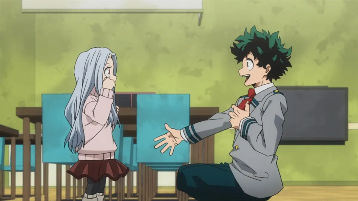 Cena do anime My Hero Academia com Deku e Eri em destaque