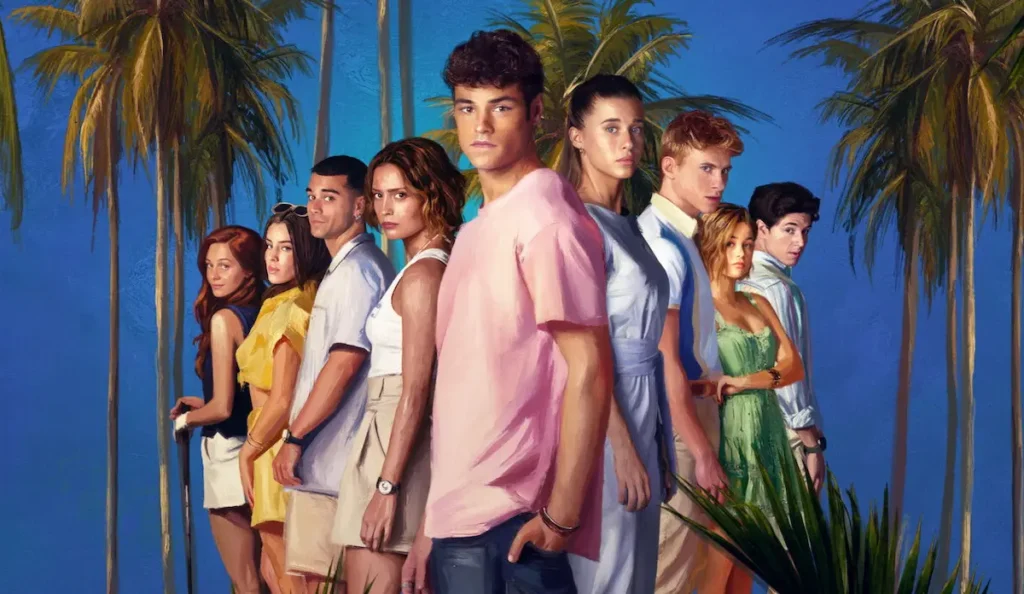 Personagens da série Oasis observam movimentação em resort de luxo durante investigação