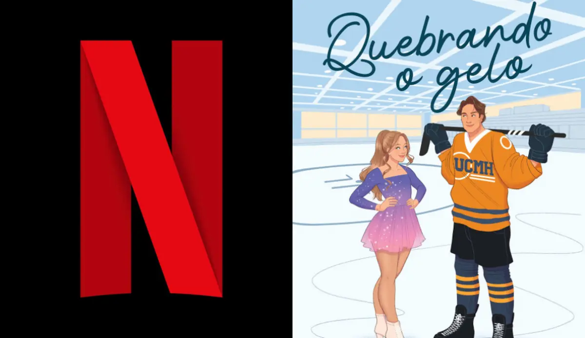Pôster promocional dividido verticalmente: à esquerda, o logotipo vermelho da Netflix sobre fundo preto; à direita, uma ilustração de uma patinadora artística e um jogador de hóquei com o título "Quebrando o Gelo".