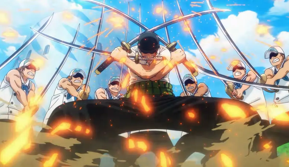Zoro enfrenta vários adversários com espadas em cena de ação do teaser de The One Piece