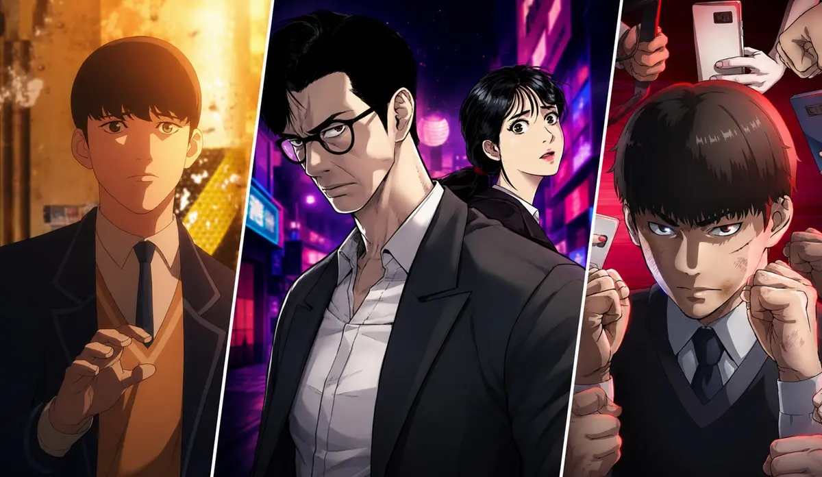 Montagem em três painéis mostra personagem de Lookism à esquerda, Agente Kim Reativado ao centro e Viral Hit à direita