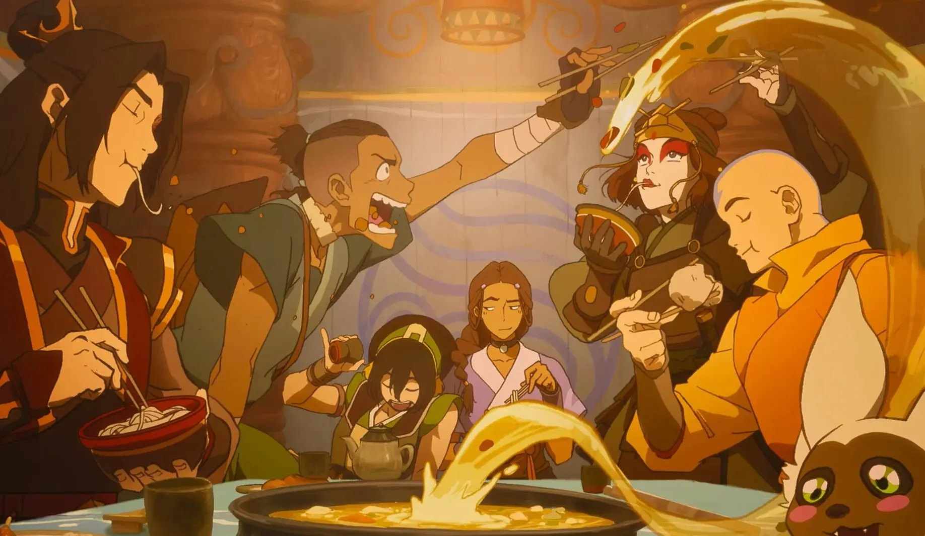 Cena de Avatar Aang: O Último Mestre do Ar mostra Aang, Katara, Sokka, Toph, Zuko e Momo reunidos durante uma refeição.
