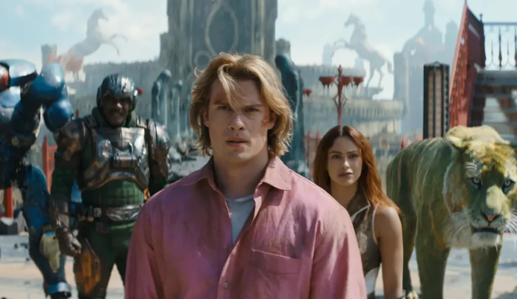 He-Man enfrenta Esqueleto durante a batalha final do filme Mestres do Universo