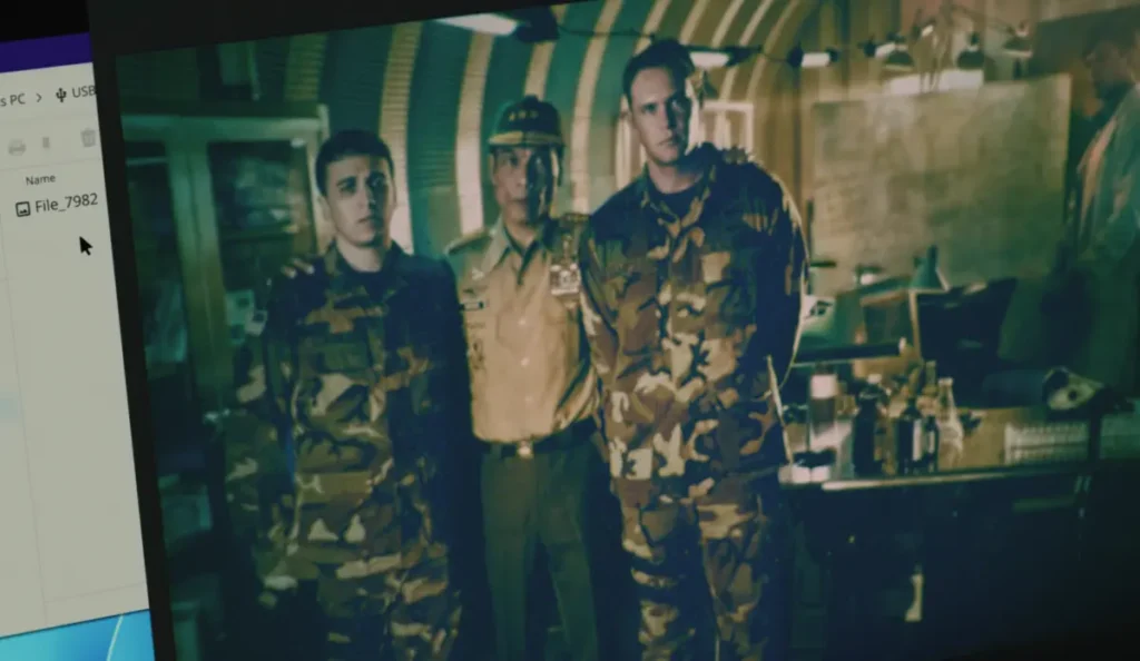 Cena do 5º episódio de Reacher envolvendo a investigação sobre o pendrive de Anna