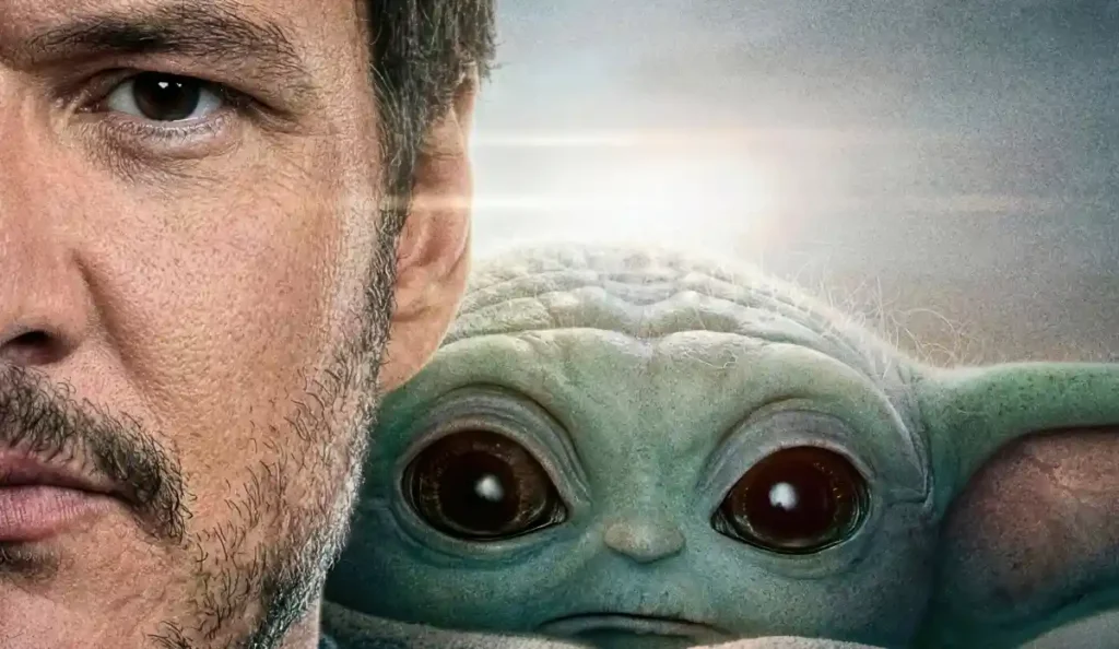 Imagem de Din Djarin e Grogu no filme Star Wars: O Mandaloriano e Grogu, que estreia no Disney+ em setembro