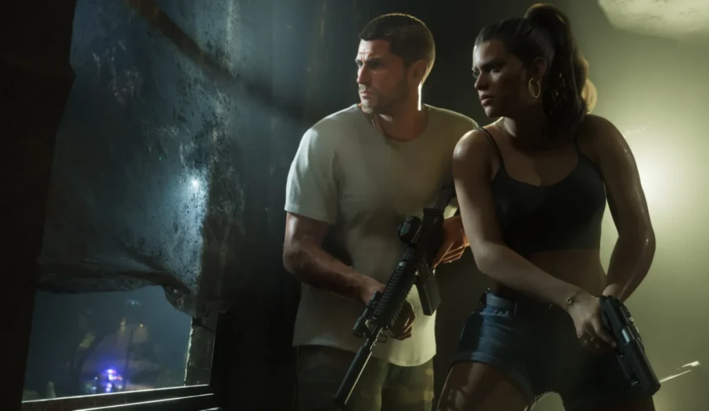 Jason e Lucia em cena do gameplay de GTA 6