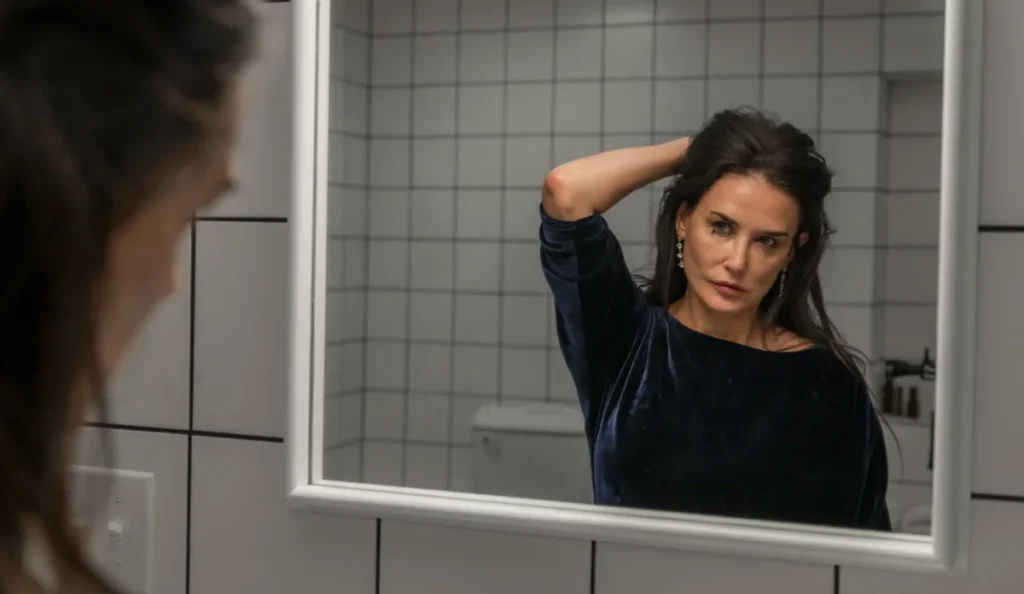 Demi Moore interpreta Elisabeth Sparkle com aparência envelhecida no filme A Substância