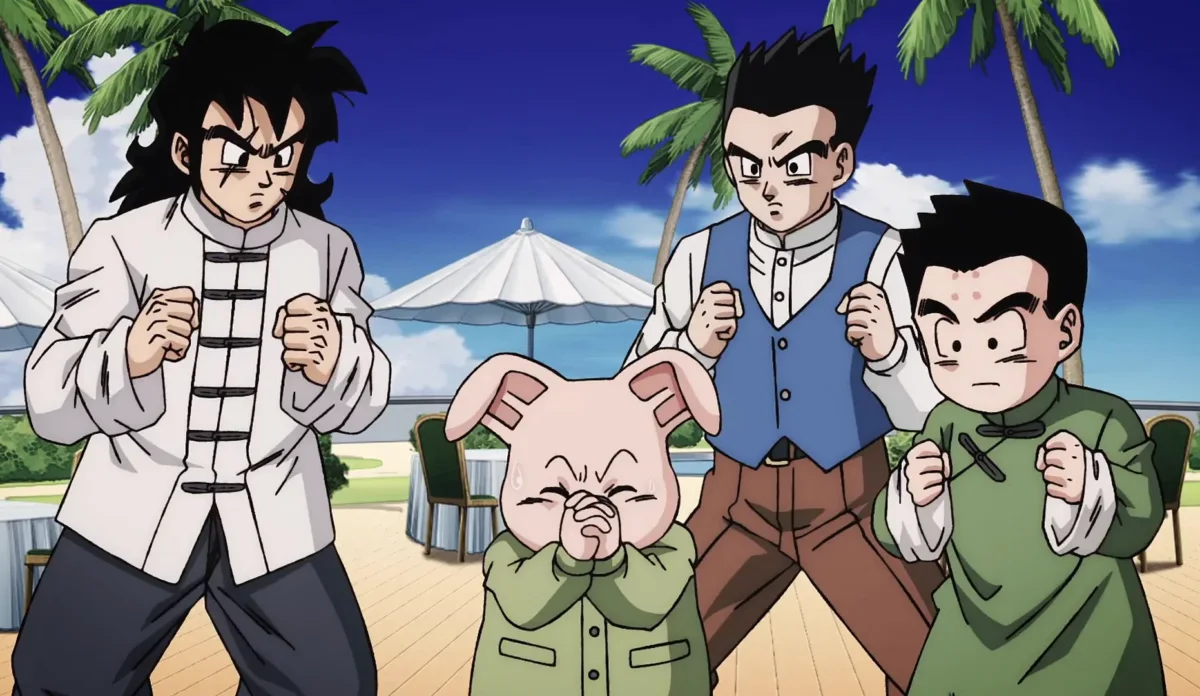 Yamcha conversando com outros Guerreiros Z durante festa de Bulma