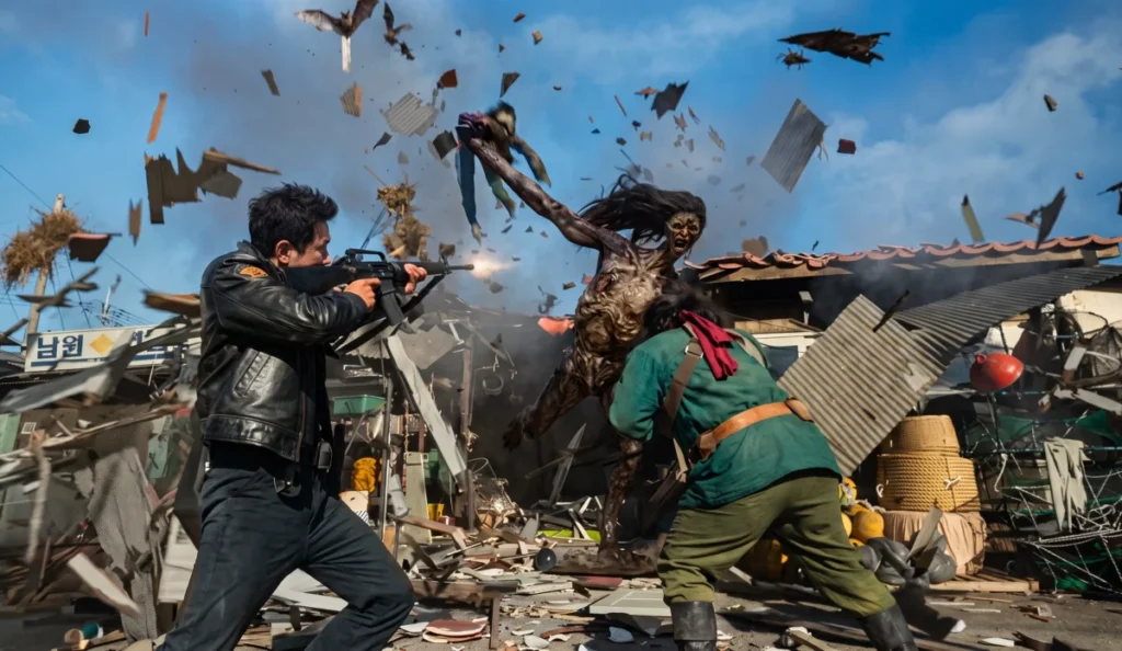 Hwang Jung-min como Bum-seok segurando uma arma durante uma cena de Hope: O Primeiro Impacto
