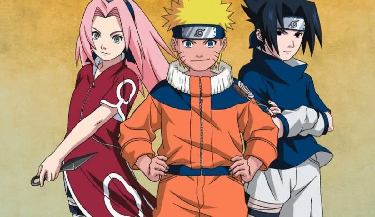 Naruto, Sasuke e Sakura em material promocional do crossover Naruto x Ninku