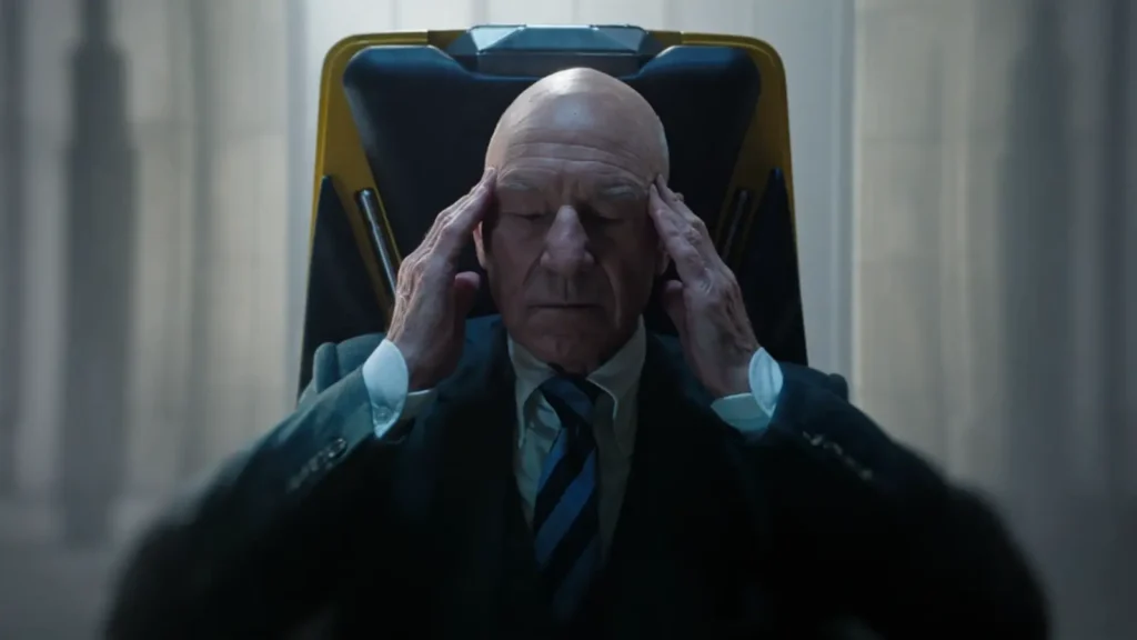 Patrick Stewart como Professor Charles Xavier em cena da franquia X-Men